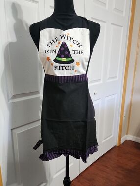 Witch Is In The Kitch Black & White Halloween Apron with Purple Accents